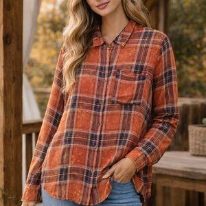 Mystree Rust Orange Plaid Button Front Shirt Mineral Wash Collared Shirt